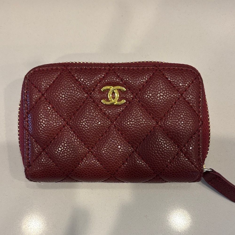 Leather Burgundy Quilted Wallet with Gold Logo